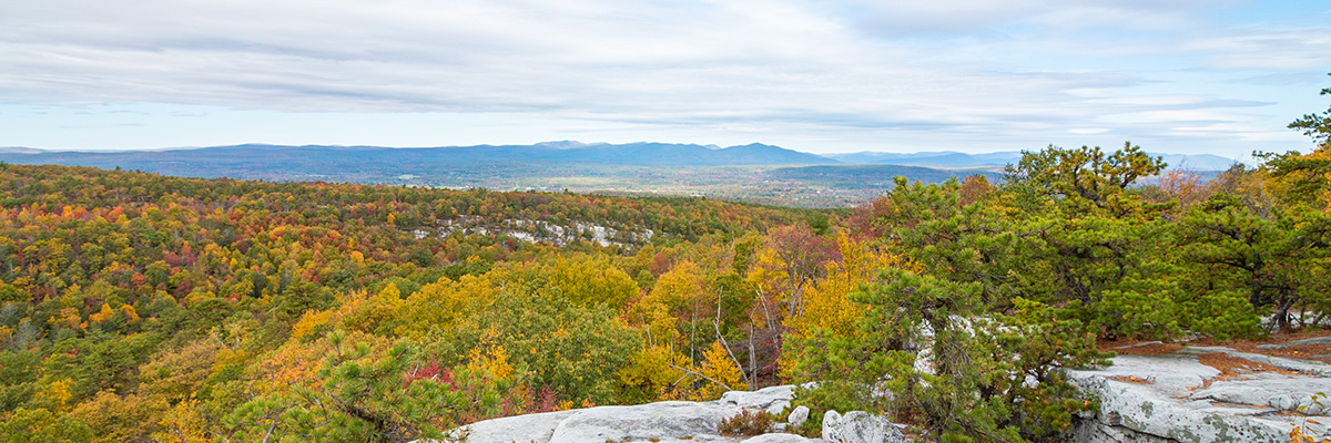 A photo of the Catskill Mountains from atop Compass Rock at Minnewaska State Park Preserve.